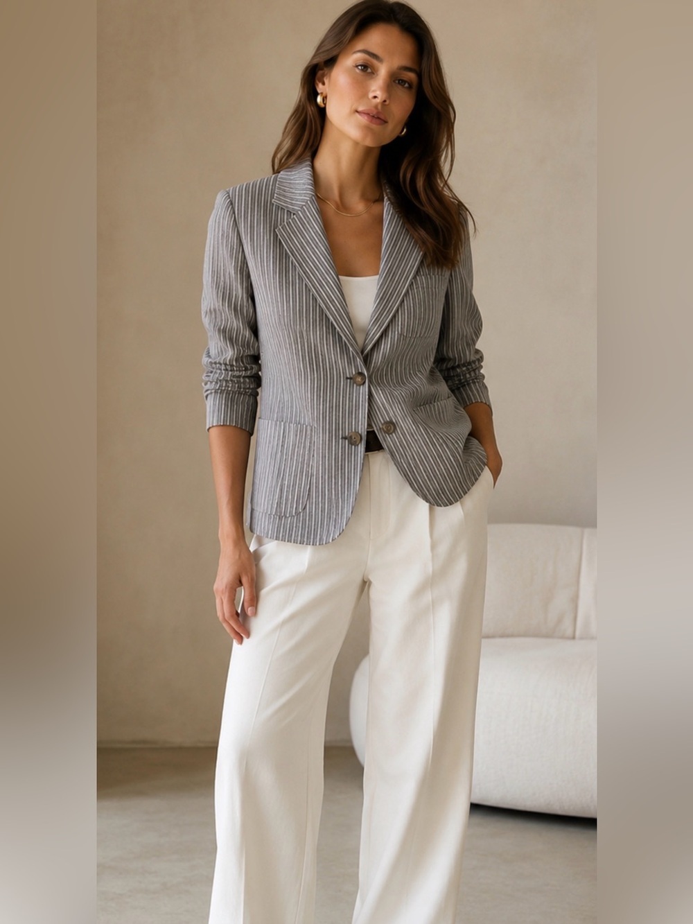 THEORY 2 Pinstriped quiet luxury academic woman grey lined classic preppy blazer